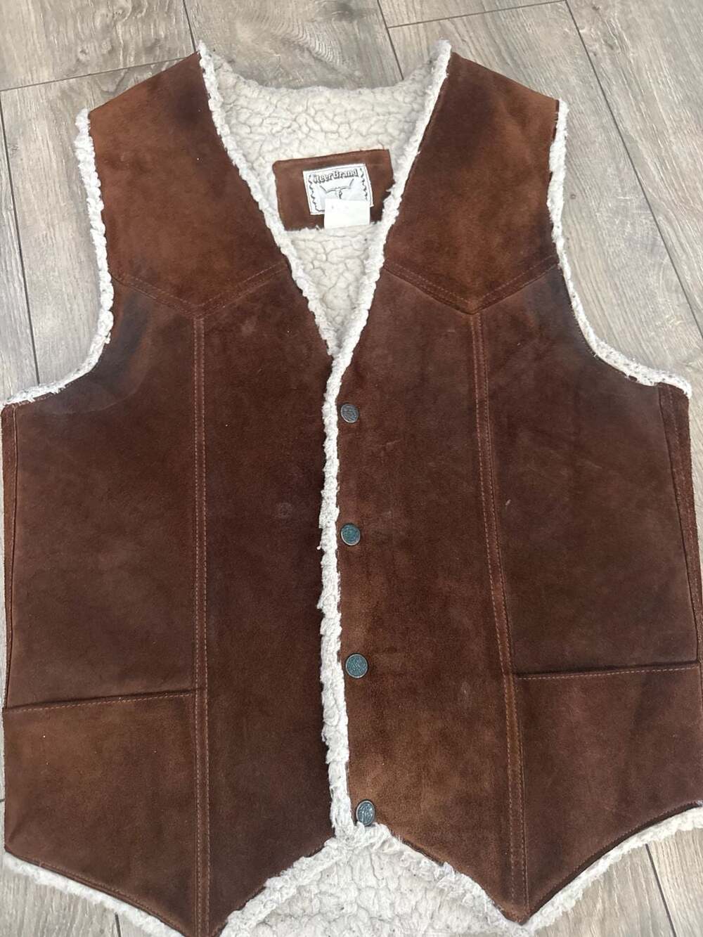 Vintage Steer Brand Western Suede Leather Sherpa Lined Vest Brown Size Small